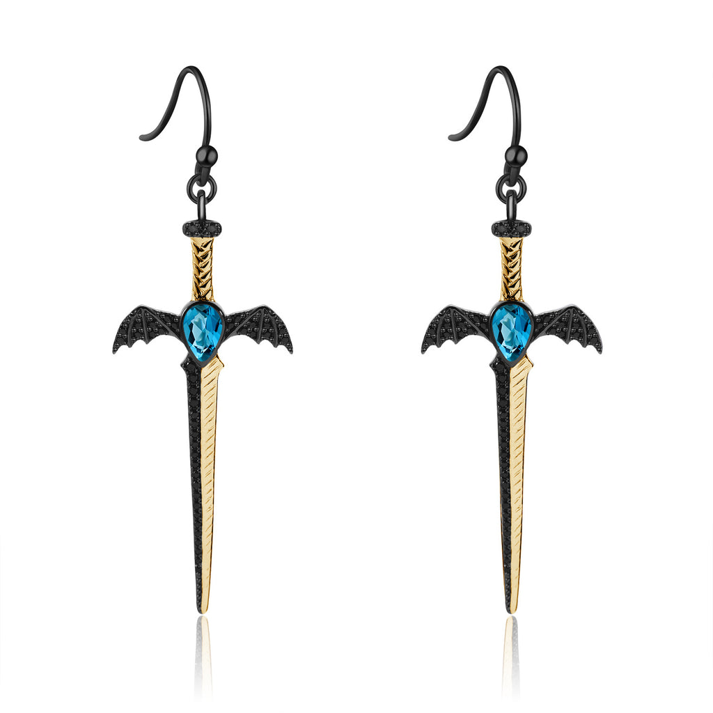 Gothic Pear Cut Natural Garnet Sword/Dagger & Bat Drop Earrings