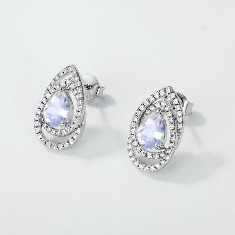 Pear Cut Blue Moonstone Halo Earrings