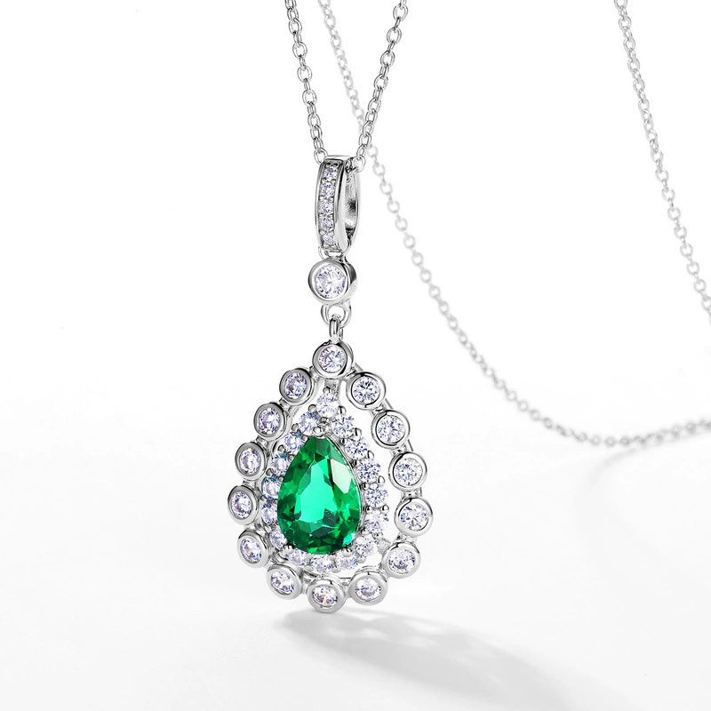 Juliette Pear Cut Lab Emerald Halo Necklace