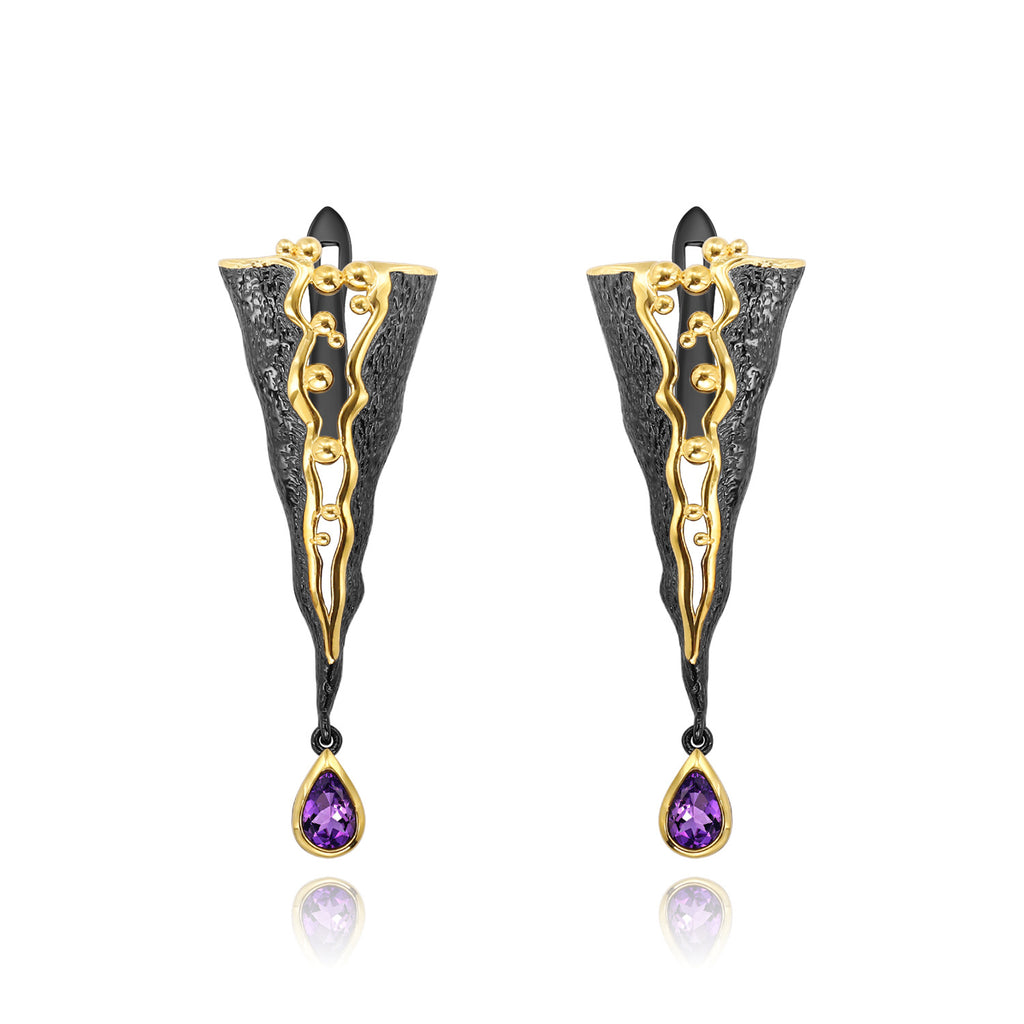Pear Cut Natural Amethyst Italian Craft Vintage Earrings Gothic Earrings