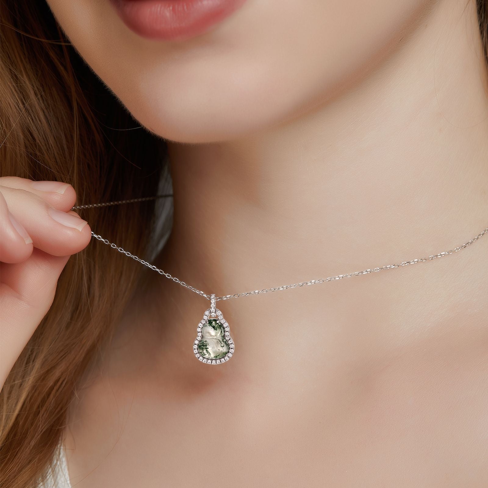 Natural Moss Agate Gourd Cut Necklace "The Bottle of Fortune"