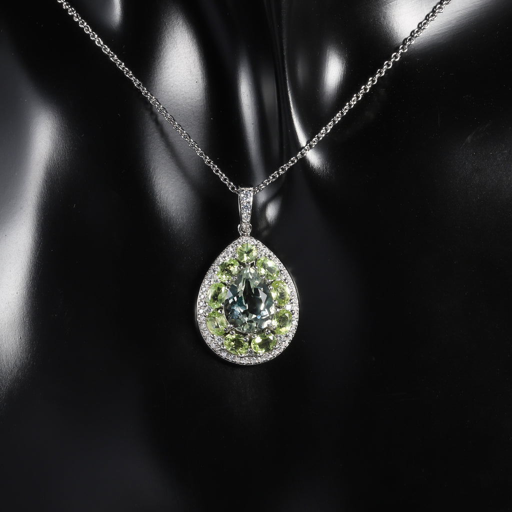 AquaLumine - Pear Cut Natural Green Amethyst Halo Necklace