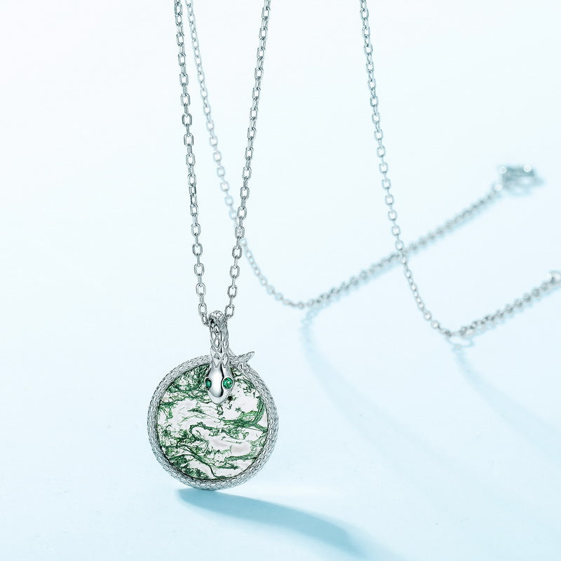 Snake Natural Green Moss Agate Coiled Serpent Pendant - Elowen