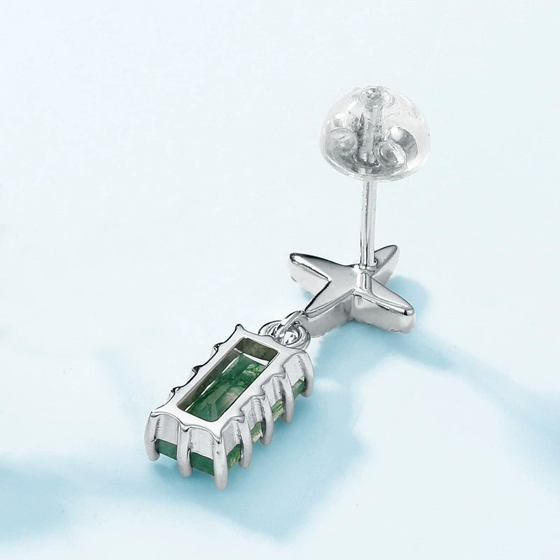 Baguette Cut Moss Agate Unique Cross Drop Earrings