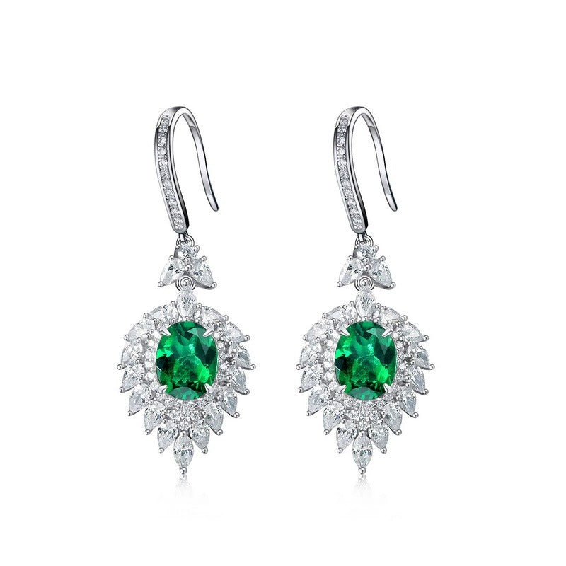 Oval Cut Lab Emerald Halo Drop Earrings