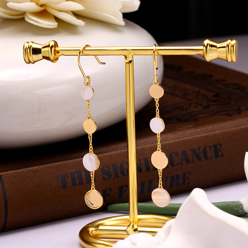 Celestial Whispers Round Disc White Shell Dangle Long Tassel Chain Earrings Classic Minimalist Contrast Circle Dangling Earrings
