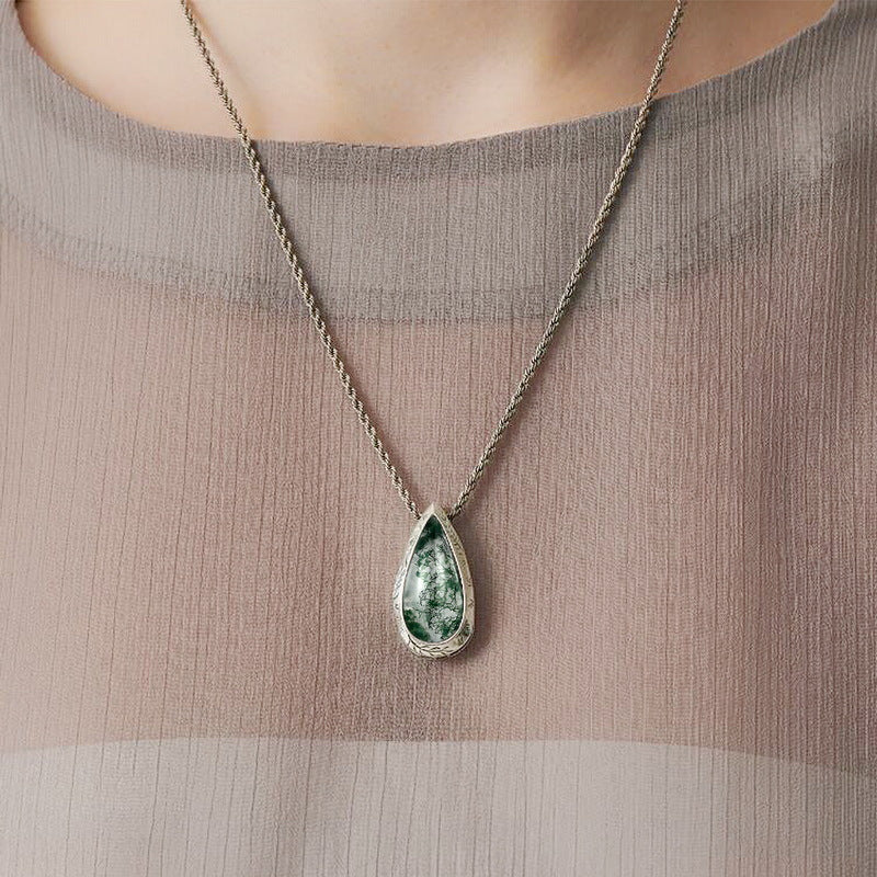 Pear Cut Moss Agate Gothic Textured Pendant Necklace For Girlfriend - "Verdant Droplet"
