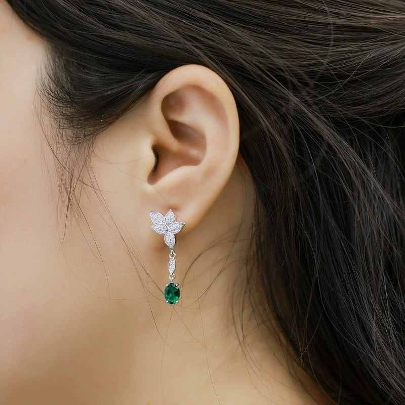 Oval Cut Lab Emerald Nnature Inspired Asymmetric Drop Earrings