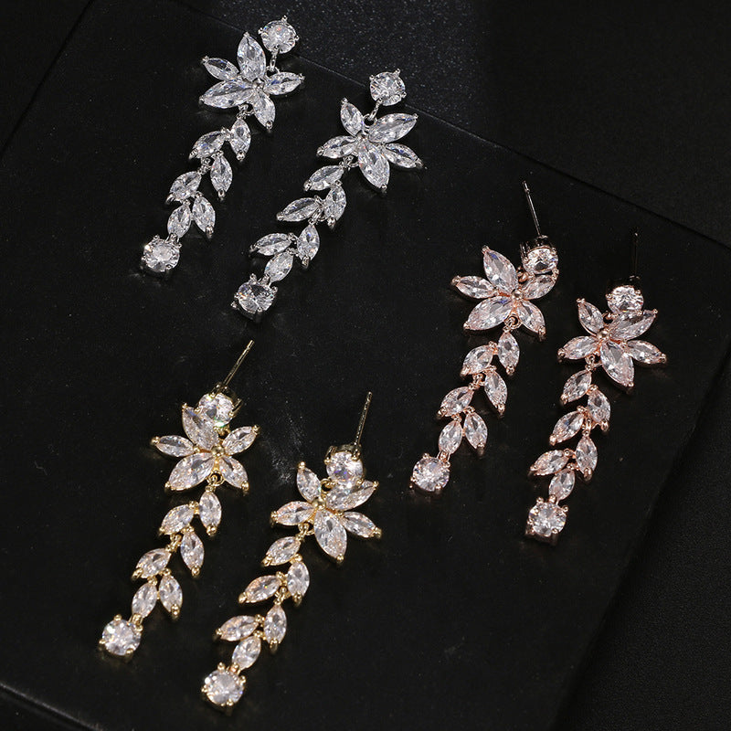 Long Crystal Chandelier Zircon Bridal Earrings,  Wedding Earrings