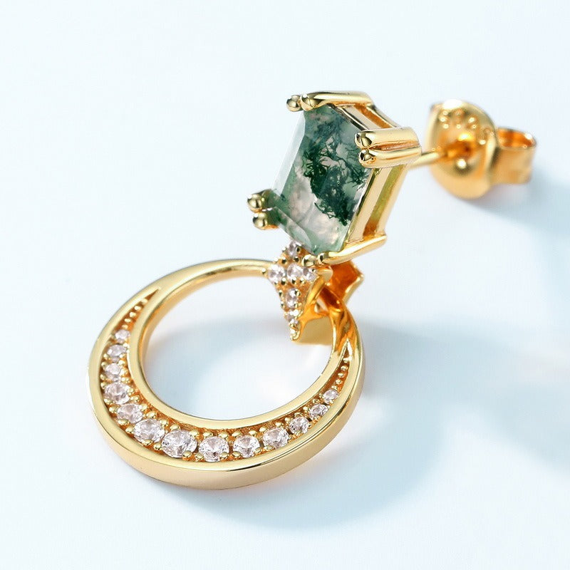 Emerald Cut Moss Agate Crescent Moon Drop Earrings