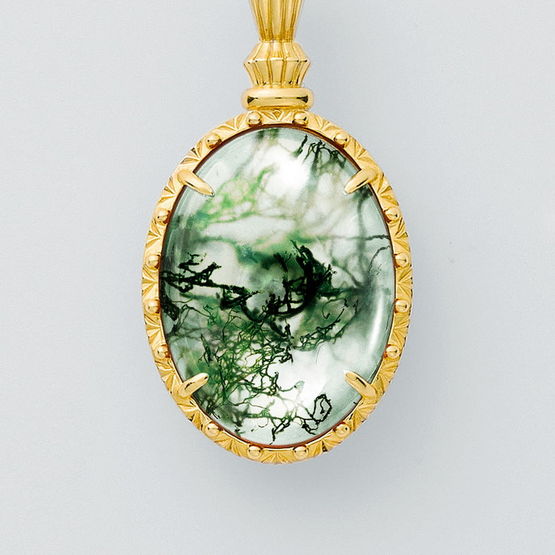 Oval Cut Moss Agate Vintage Necklaces - "Blanche"