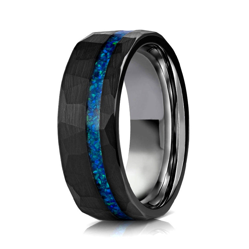 “Neon Rift” 8MM Hammered Flat with Blue Opal Inlay Men Band