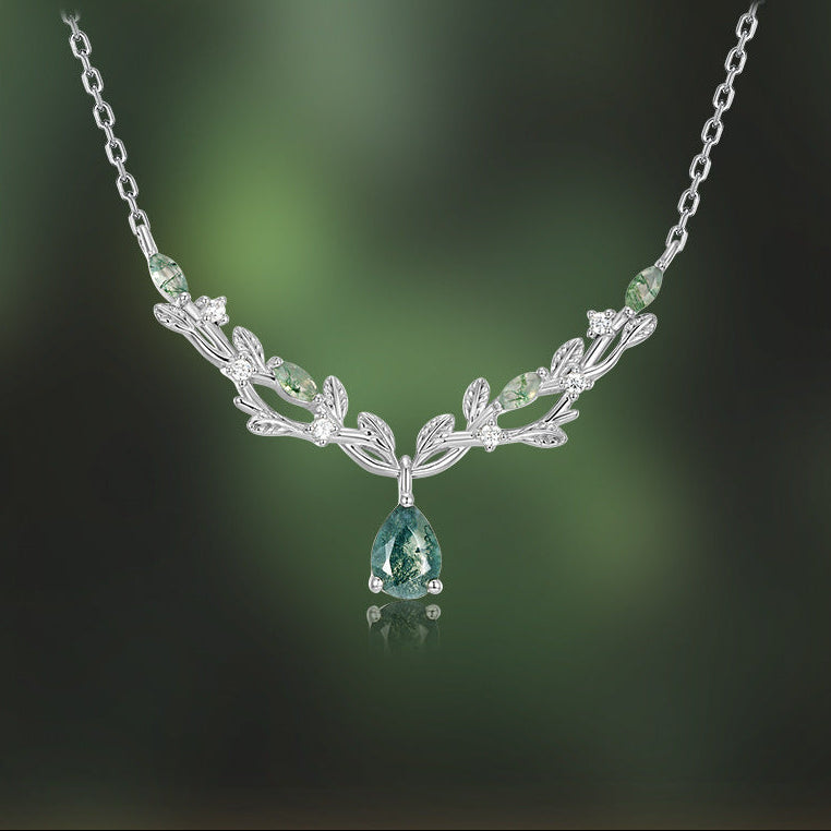 Collier ras du cou en agate mousse verte et feuille d'olivier, taille poire, cadeau d'anniversaire « Olivae »