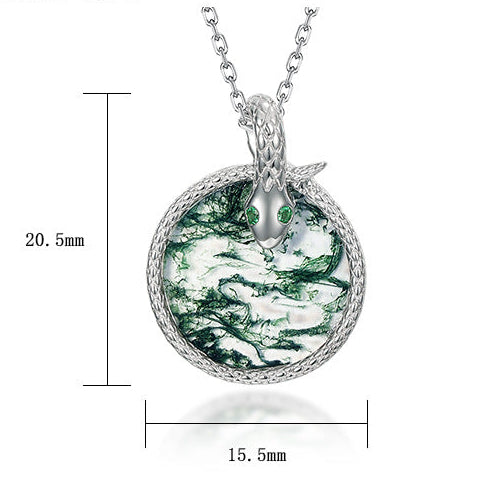 Snake Natural Green Moss Agate Coiled Serpent Pendant - Elowen
