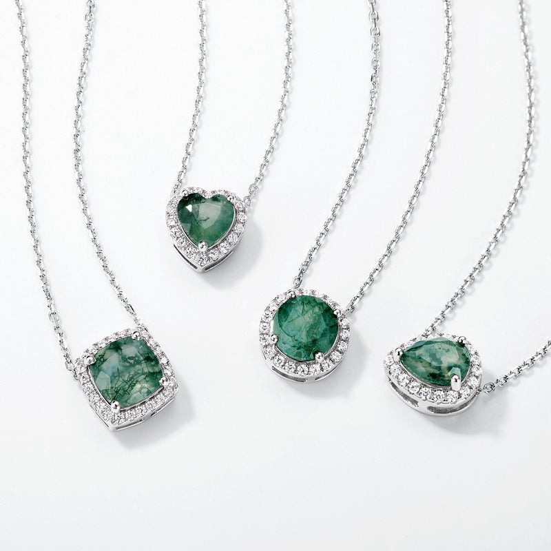 Collier pendentif halo en agate mousse taille coussin pour petite amie - « Coussin verdoyant »