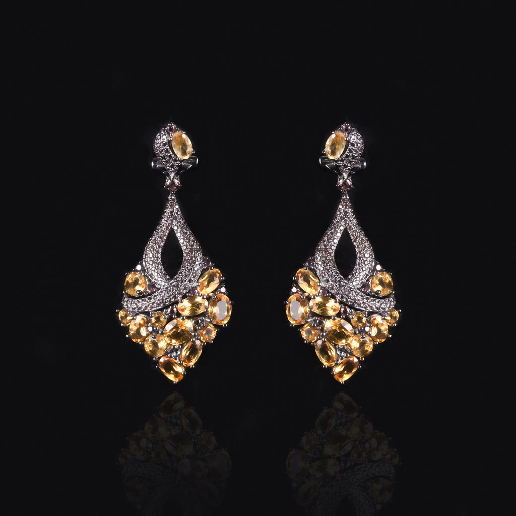 Oval Cut Natural Garnet Vintage Cluster Drop Earrings Gothic Black Gold Plated Earrings