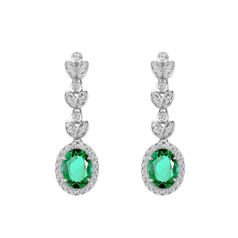 Oval Cut Lab Emerald Nature Inspired Leaf Drop Earrings