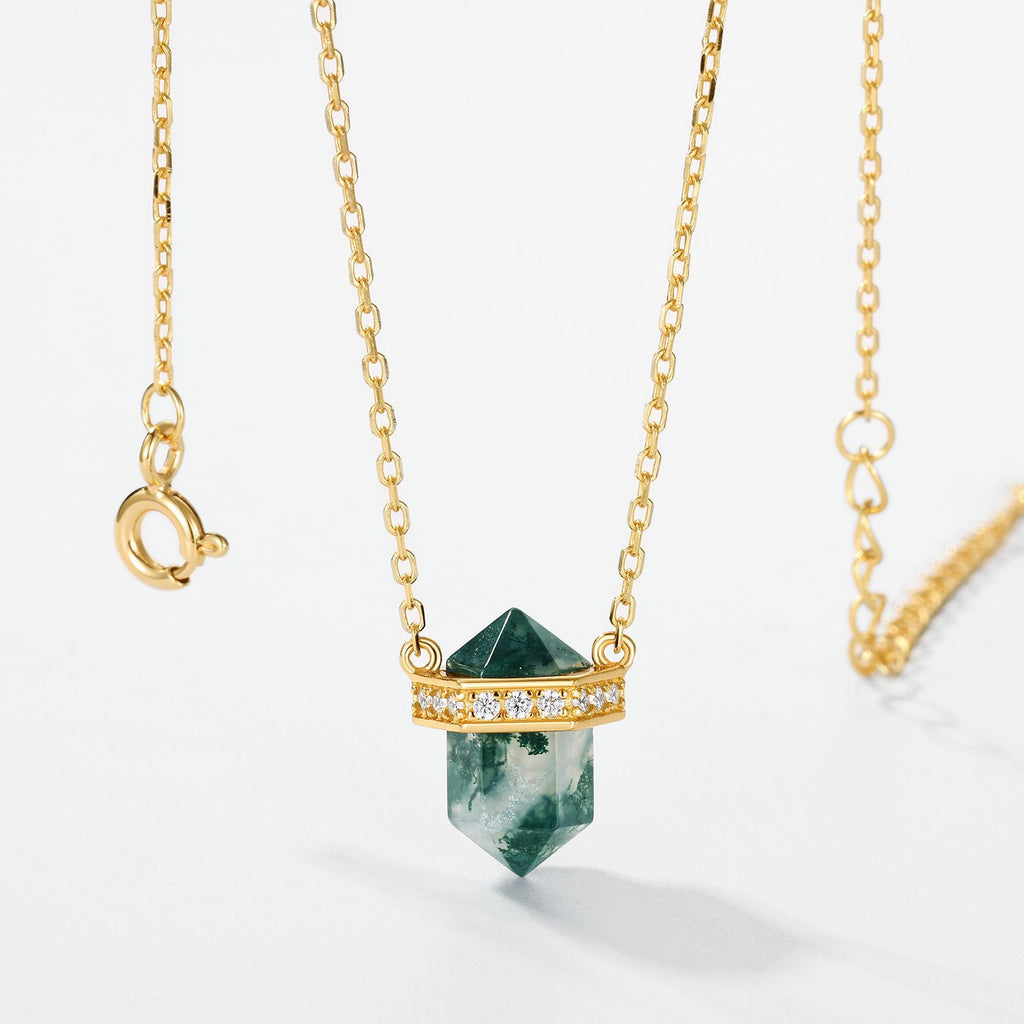 Rhombus-shaped Column Moss Agate Formal Celebration Crystal Point with Chain Necklace