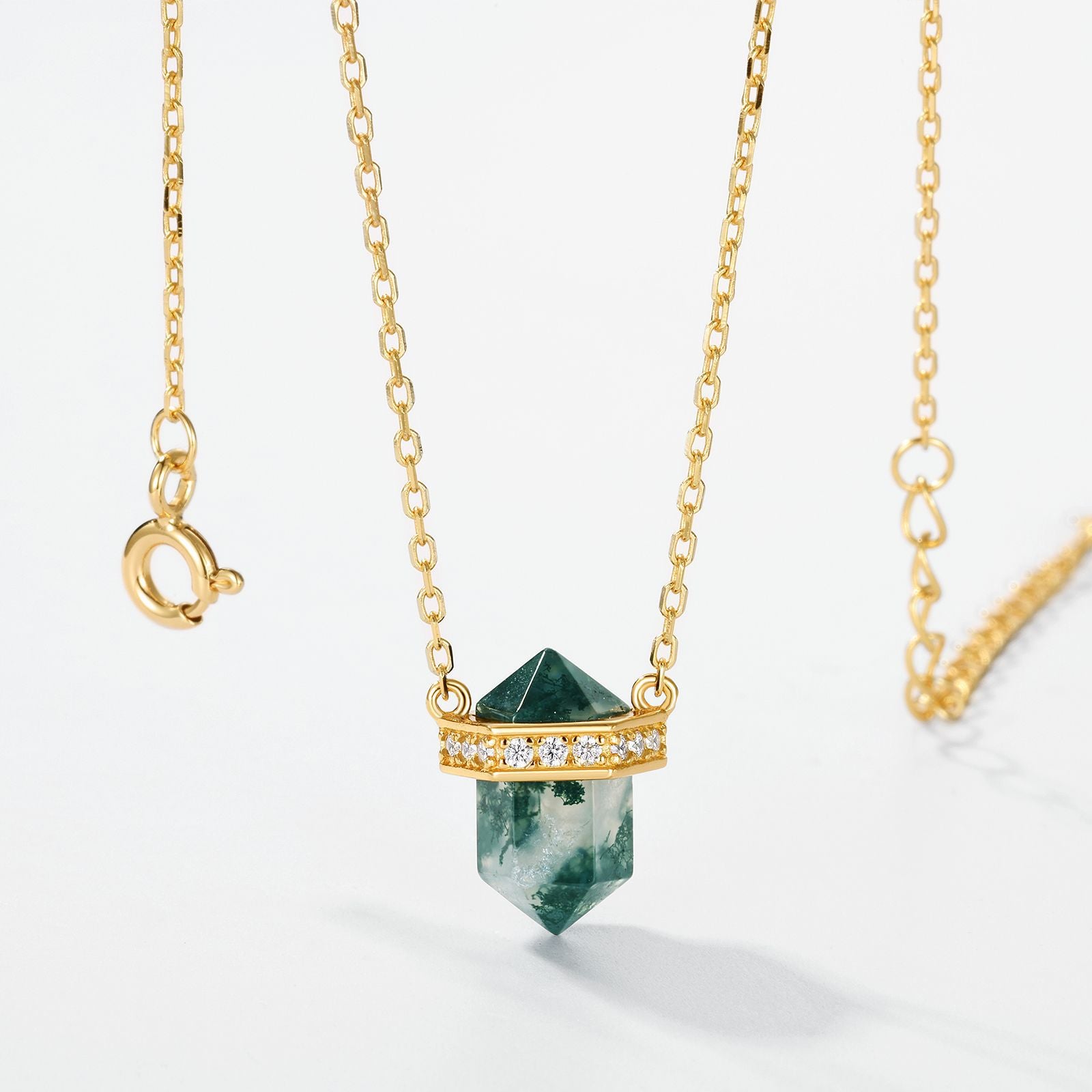 Rhombus-shaped Column Moss Agate Formal Celebration Crystal Point with Chain Necklace