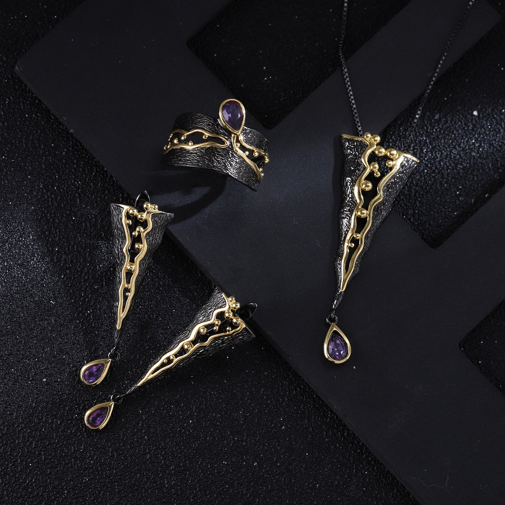 Pear Cut Natural Amethyst Italian Craft Vintage Earrings Gothic Earrings