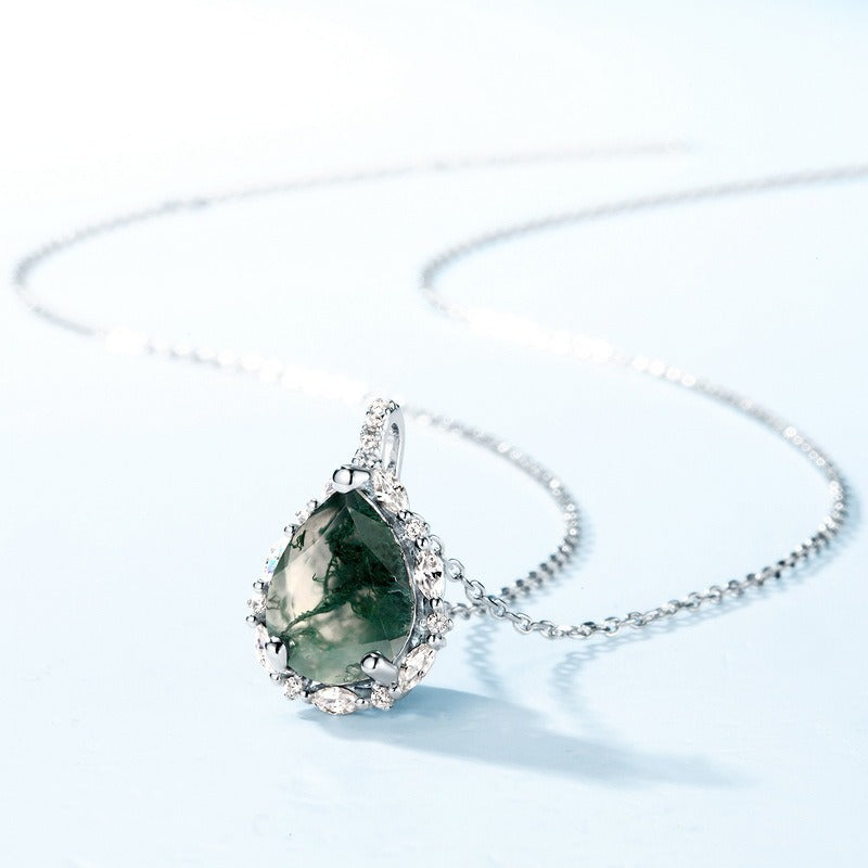 Pear Cut Moss Agate Halo Necklace
