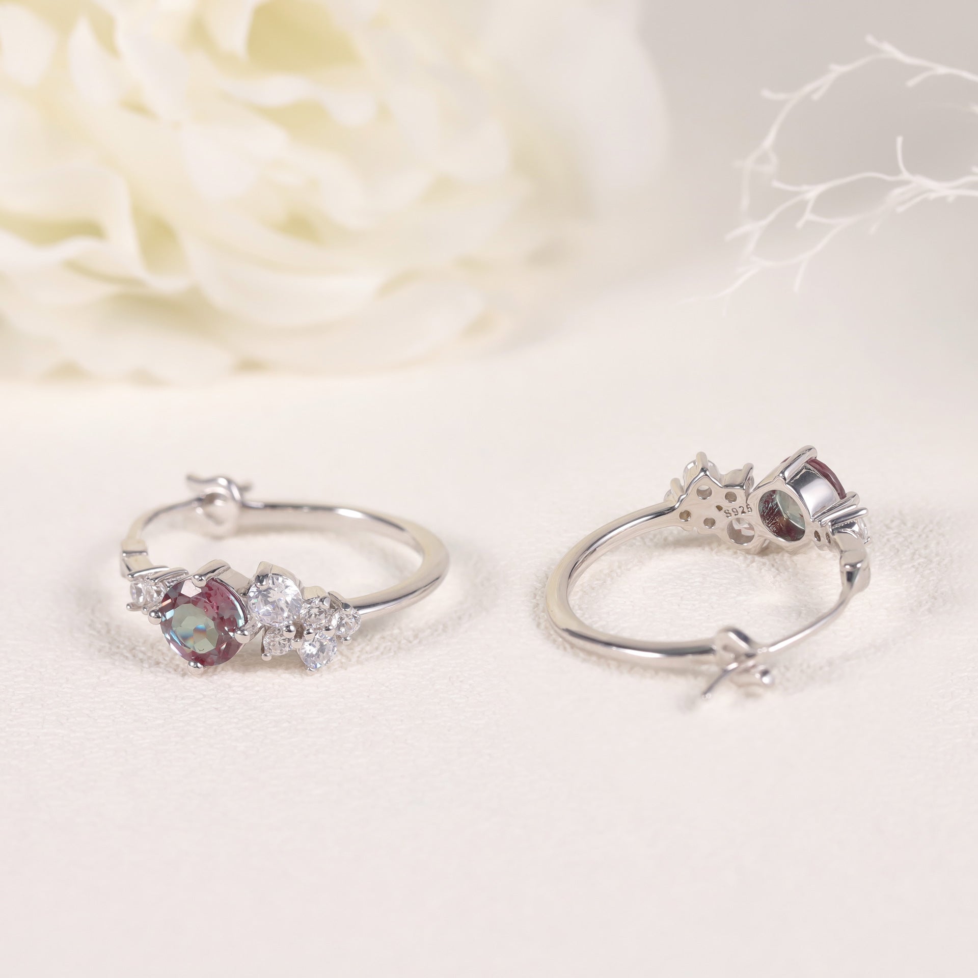 Round Cut Color-change Lab Alexandrite Minimalist Hoop Earrings