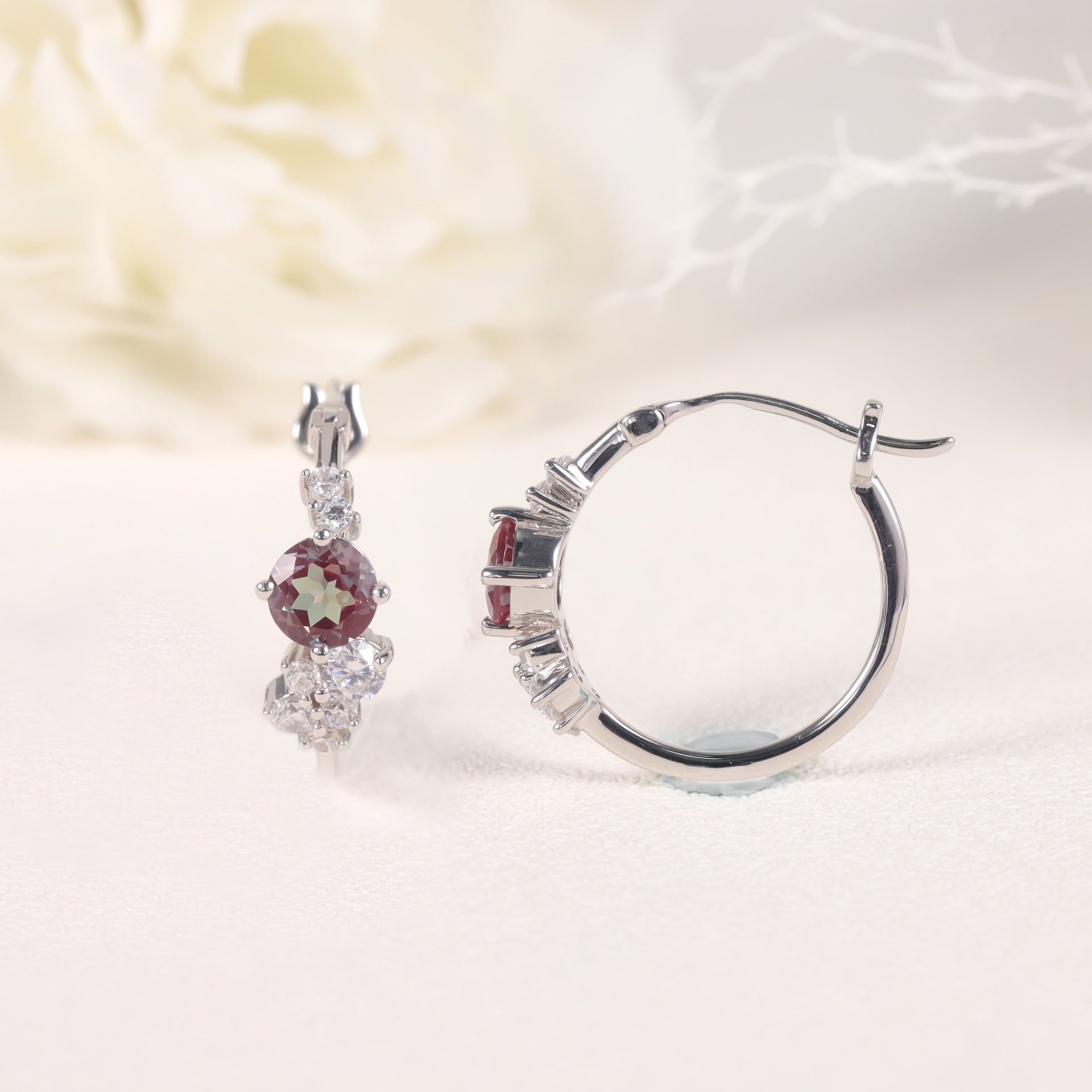 Round Cut Color-change Lab Alexandrite Minimalist Hoop Earrings