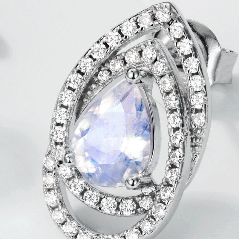 Pear Cut Blue Moonstone Halo Earrings