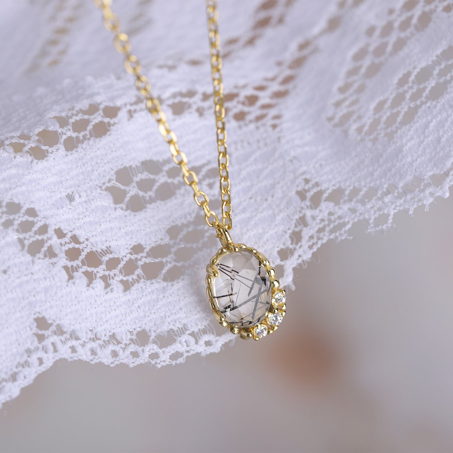 Melora - Oval Cut Black Rutilated Quartz Vintage Necklace