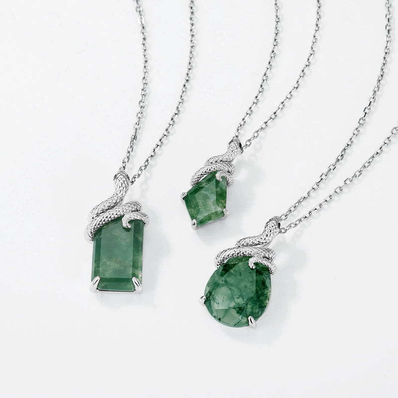 Emerald Cut Moss Agate Nature Pendant Necklace