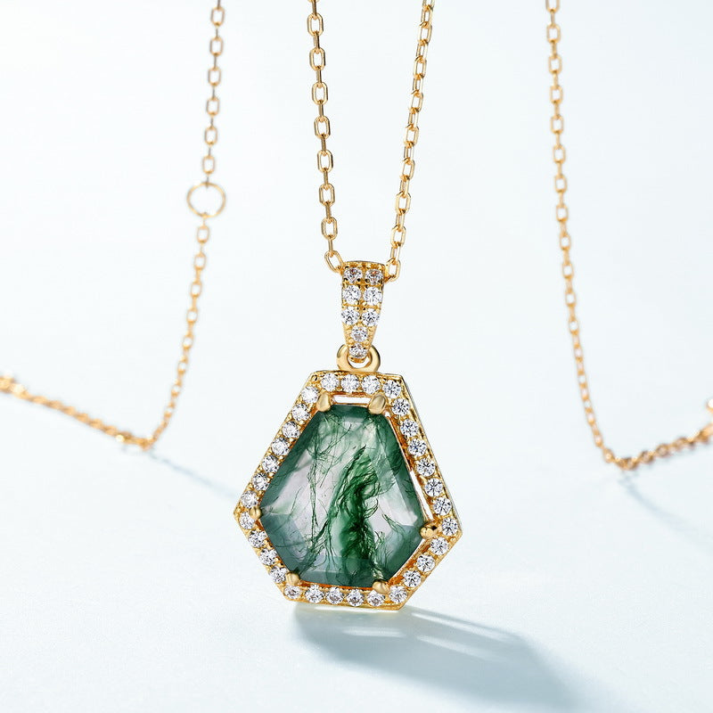 Unique Coffin Cut Moss Agate Halo Necklace - Arden
