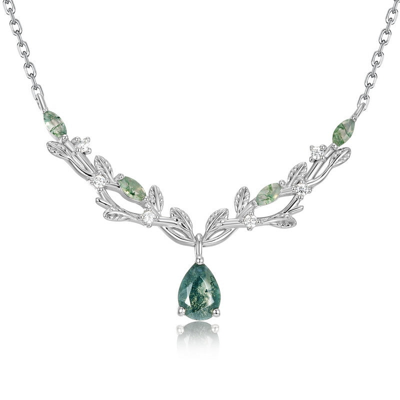 Olive Leaf Branch Green Moss Agate Collarbone Necklace Pear Cut Birthday Gift "Olivae"