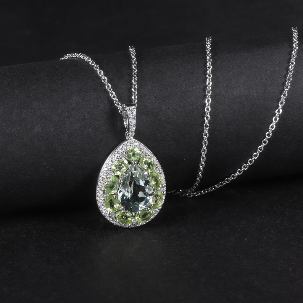 AquaLumine - Pear Cut Natural Green Amethyst Halo Necklace