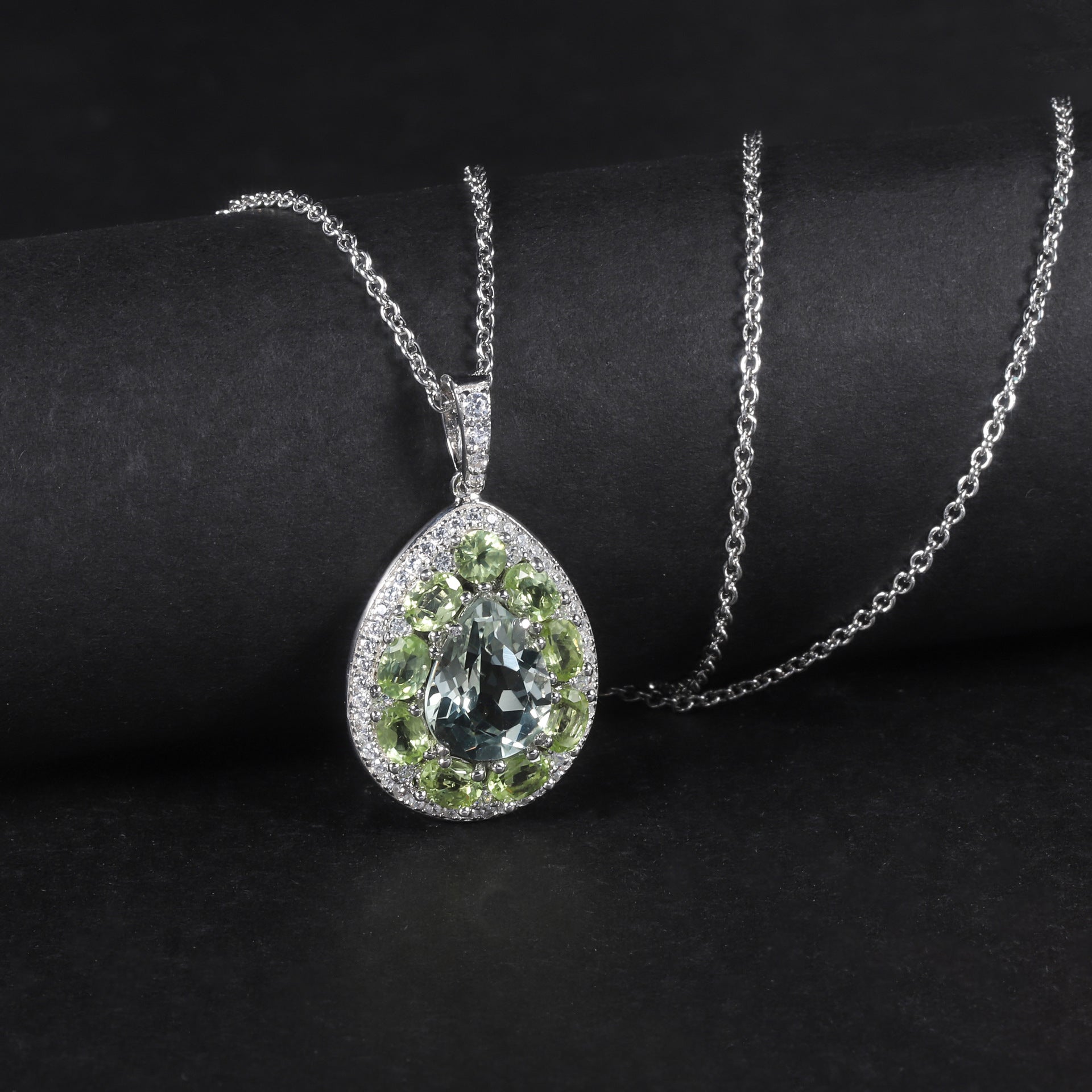 AquaLumine - Pear Cut Natural Green Amethyst Halo Necklace
