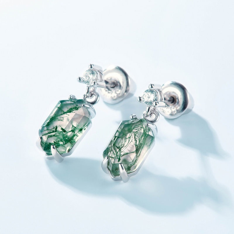 Hexagon Cut Moss Agate Classic Drop Earrings