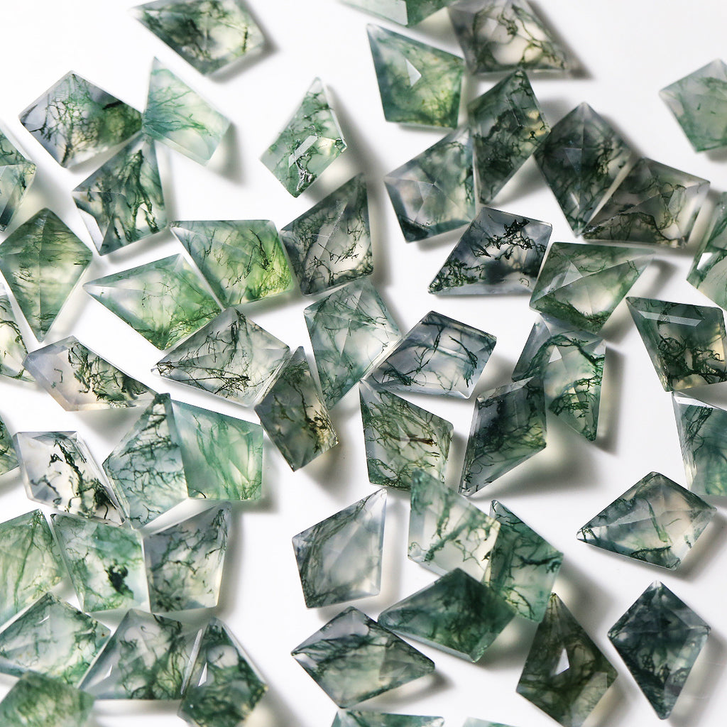 Natural Moss Agate Kite Cut Faceted Gemstone Flat Back Loose Stone for Custom Jewelry