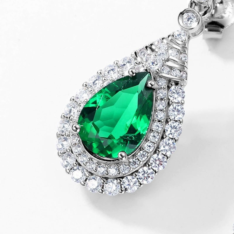 Pear Cut Lab Emerald Halo Drop Earrings