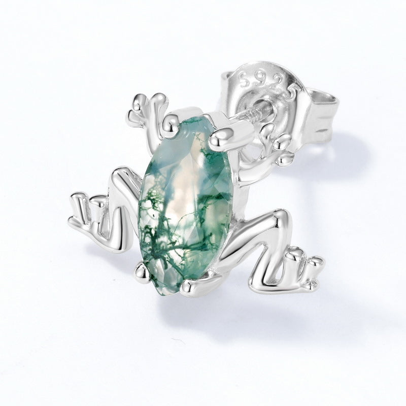 Pondgem - Marquise Cut Moss Agate Frog Unique Stud Earrings