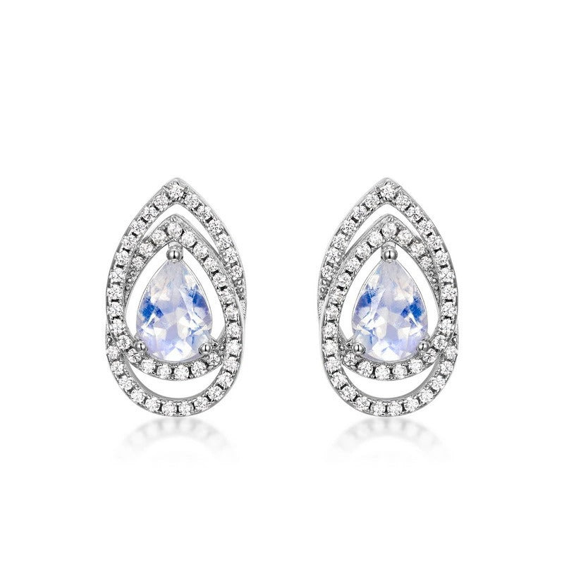 Pear Cut Blue Moonstone Halo Earrings