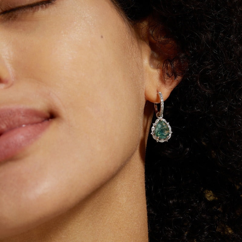 Pear Cut Moss Agate Halo Drop Earrings