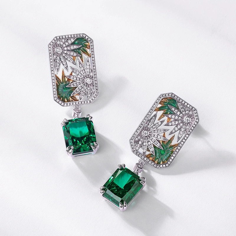 Emerald Cut Green High Carbon Zircon Unique Drop Earrings