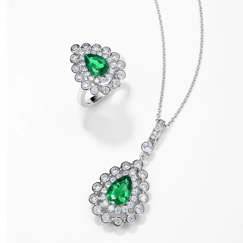 Juliette Pear Cut Lab Emerald Halo Necklace