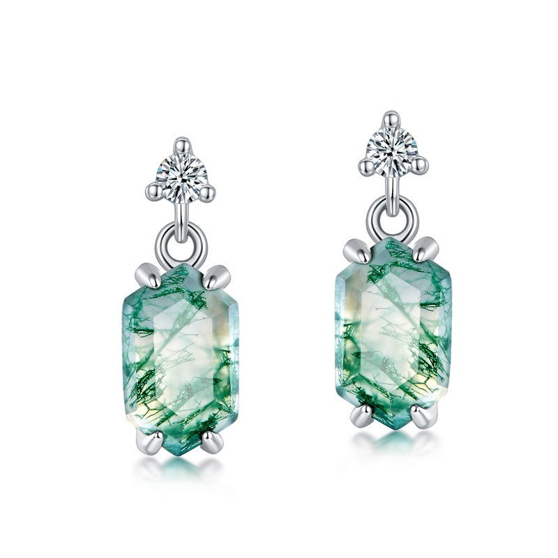 Hexagon Cut Moss Agate Classic Drop Earrings