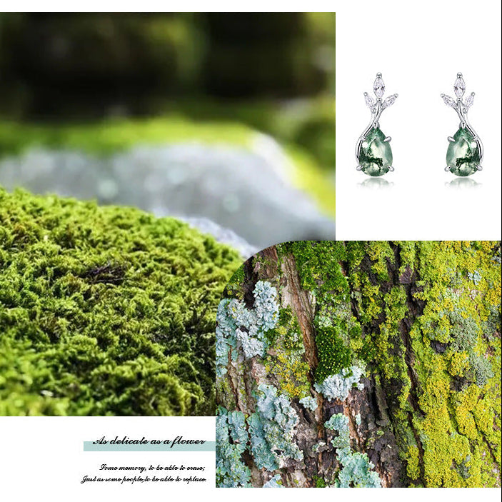 MossSpire - Boucles d'oreilles puces en agate mousse taille poire, inspirées par la nature