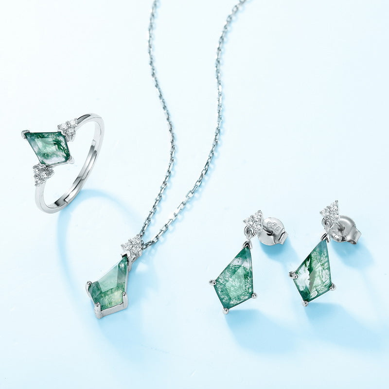 Kite Cut Moss Agate Minimalist Classic Collection Drop Earrings