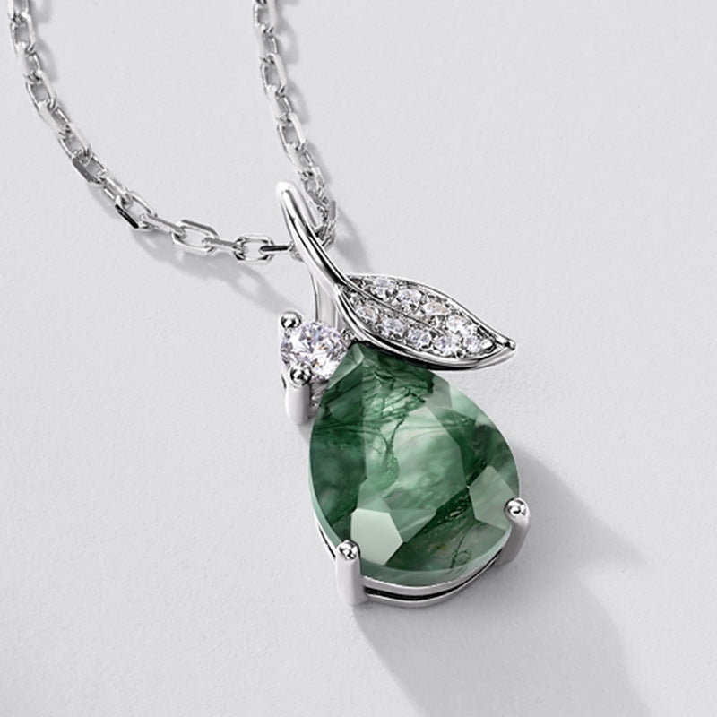 Women Green Moss Agate Crystal Necklace In Silver "Secret Garden"