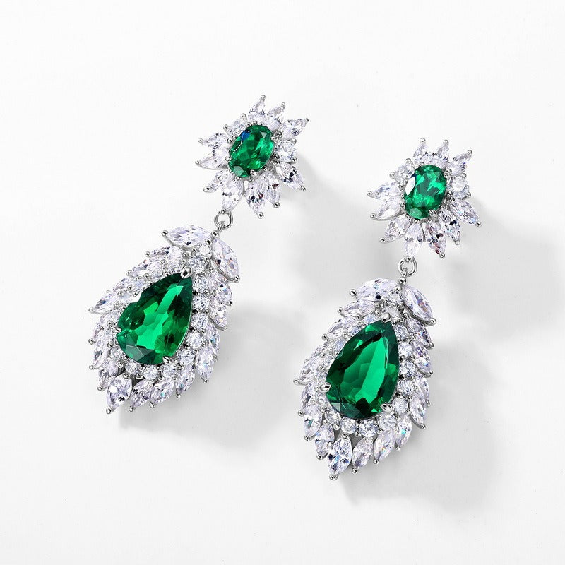 Pear Cut Lab Emerald Vintage Halo Drop Earrings