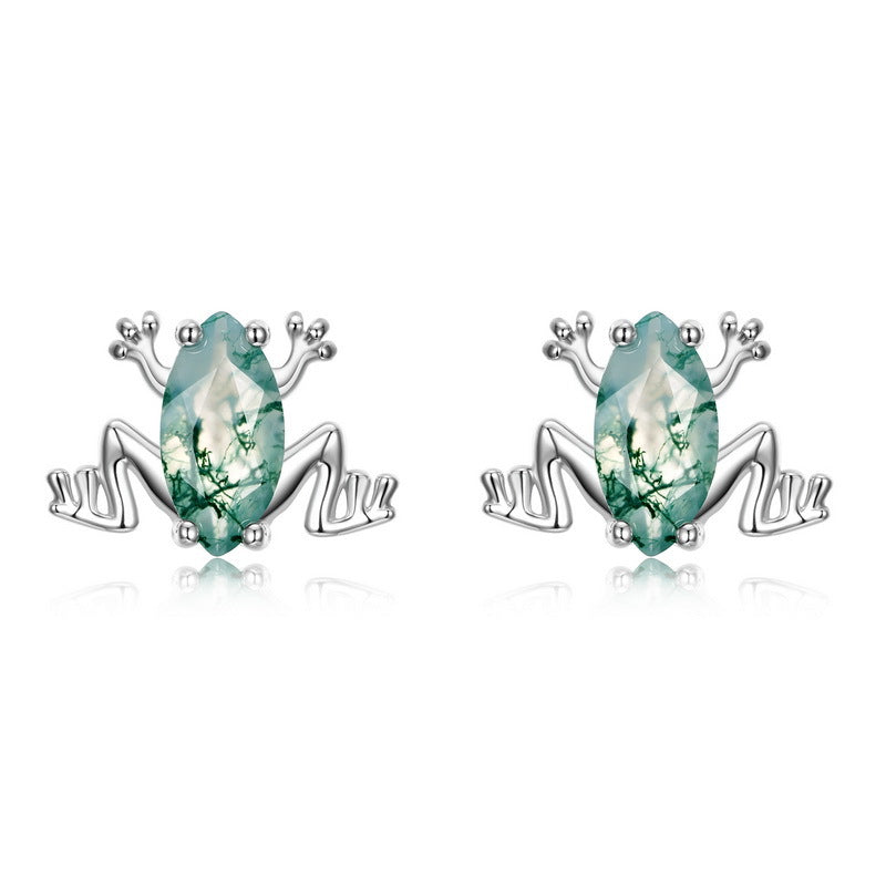 Pondgem - Marquise Cut Moss Agate Frog Unique Stud Earrings