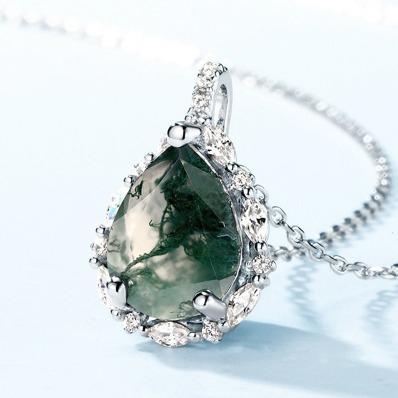Pear Cut Moss Agate Halo Necklace