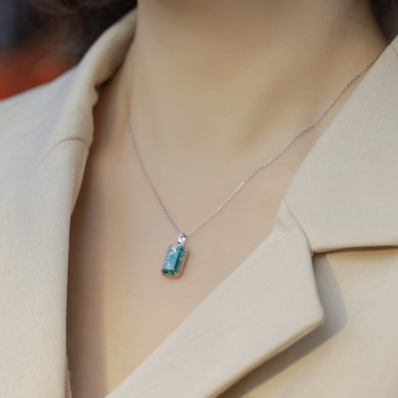 Long Emerald Cut Green Moss Agate Classic Necklace For Girlfriend "Avenra"